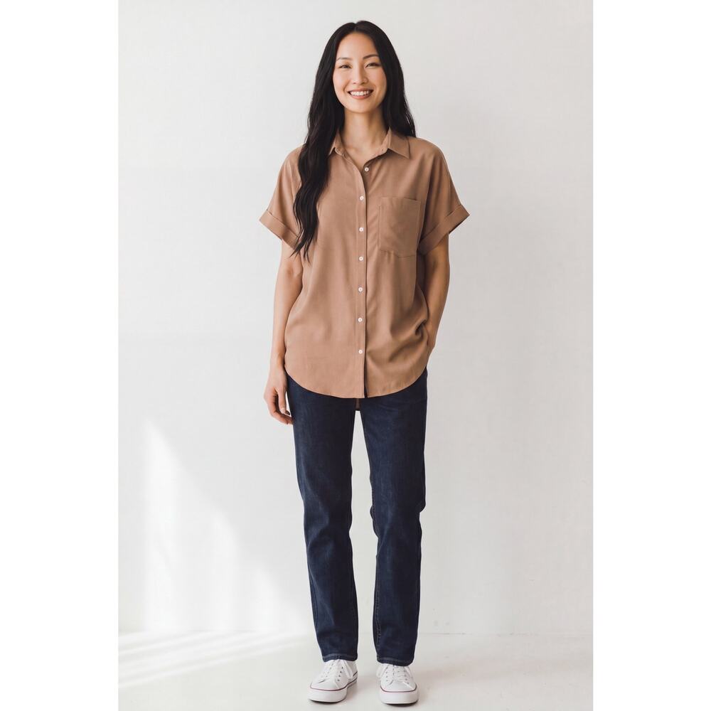 Beautife Tan Short Sleeve Button Front Blouse - Picture 10 of 16